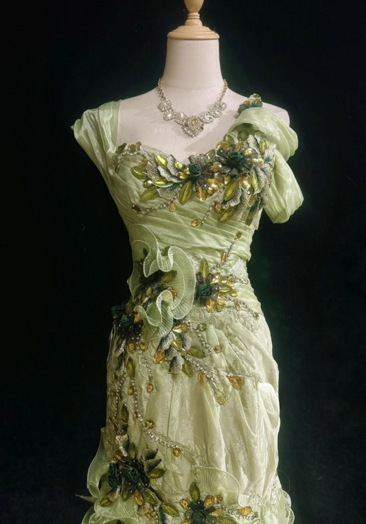 Vintage Green Long Prom Dresses Straps Sheath Evening Dresses Beaded Tulle Sleeveless Party Dresses ED06112