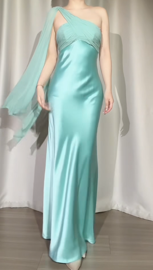 Vintage Blue Long Prom Dresses One-shoulder Sheath Evening Dresses Satin Sleeveless Party Dresses ED06113
