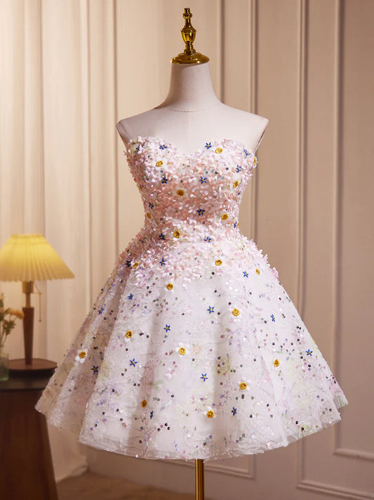 A-Line Cute Sweetheart Neck Flower Short Prom Dress, Flower Sequin Homecoming Dress ED0612