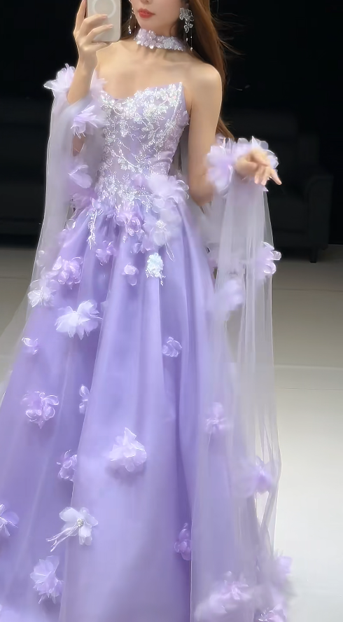 Fairy Lilac Long Prom Dresses Strapless A-Line Evening Dresses Applique Beaded Tulle Sleeveless Birthday Dresses ED06122