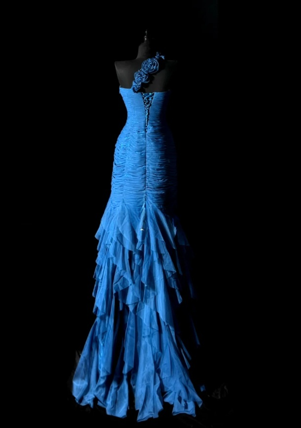 Chic Blue Long Prom Dresses One-shoulder Sheath Evening Dresses Tulle Sleeveless Party Dresses ED06127