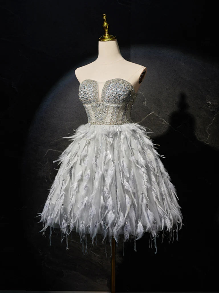 Gray Sweetheart Neck Tulle Beads Feather Short Prom Dress, Cute Gray Homecoming Dress ED0613