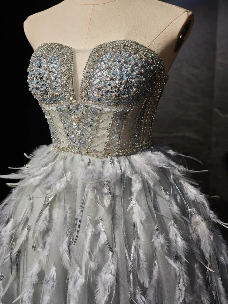 Gray Sweetheart Neck Tulle Beads Feather Short Prom Dress, Cute Gray Homecoming Dress ED0613