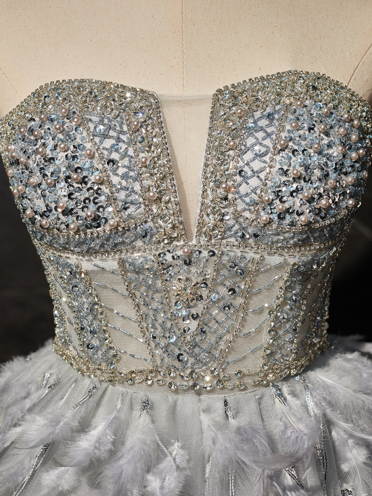 Gray Sweetheart Neck Tulle Beads Feather Short Prom Dress, Cute Gray Homecoming Dress ED0613
