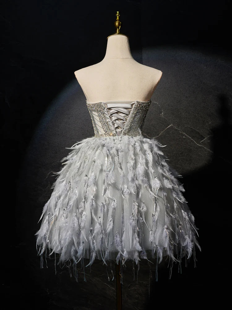 Gray Sweetheart Neck Tulle Beads Feather Short Prom Dress, Cute Gray Homecoming Dress ED0613