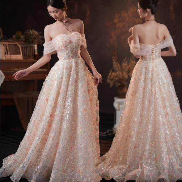 A-Line Off Shoulder Lace Tulle Long Prom Dress, Pink Long Formal Dress ED0631