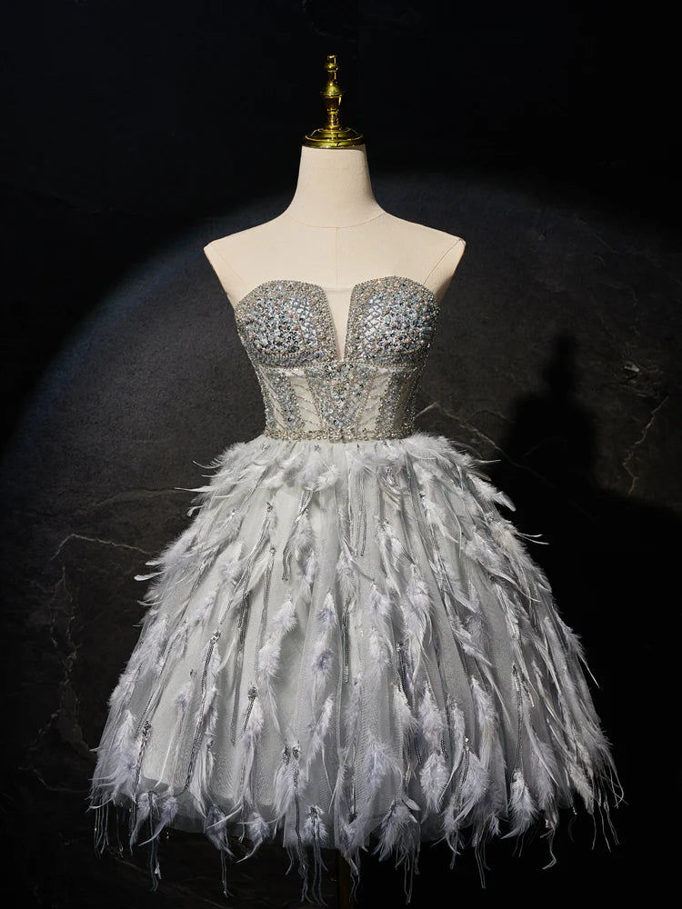 Gray Sweetheart Neck Tulle Beads Feather Short Prom Dress, Cute Gray Homecoming Dress ED0613