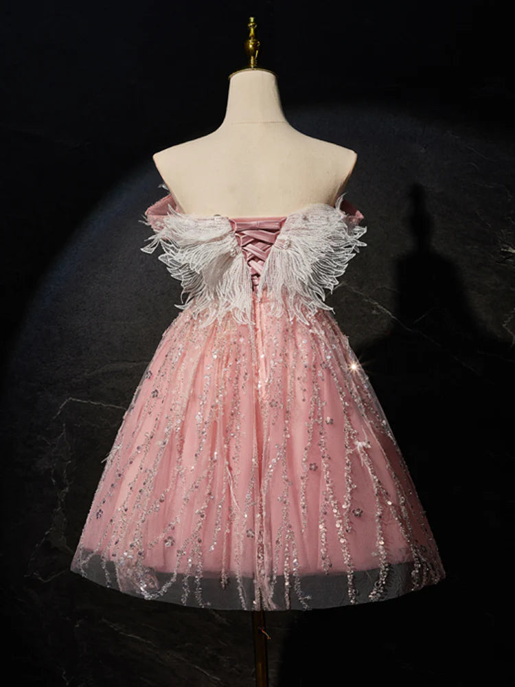 Rosa A-Linie Tüll Spitze kurzes Ballkleid, Rosa Cocktailkleid ED0614