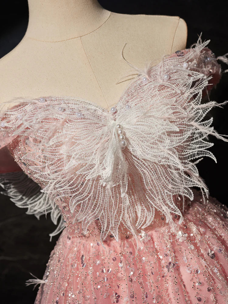 Rosa A-Linie Tüll Spitze kurzes Ballkleid, Rosa Cocktailkleid ED0614