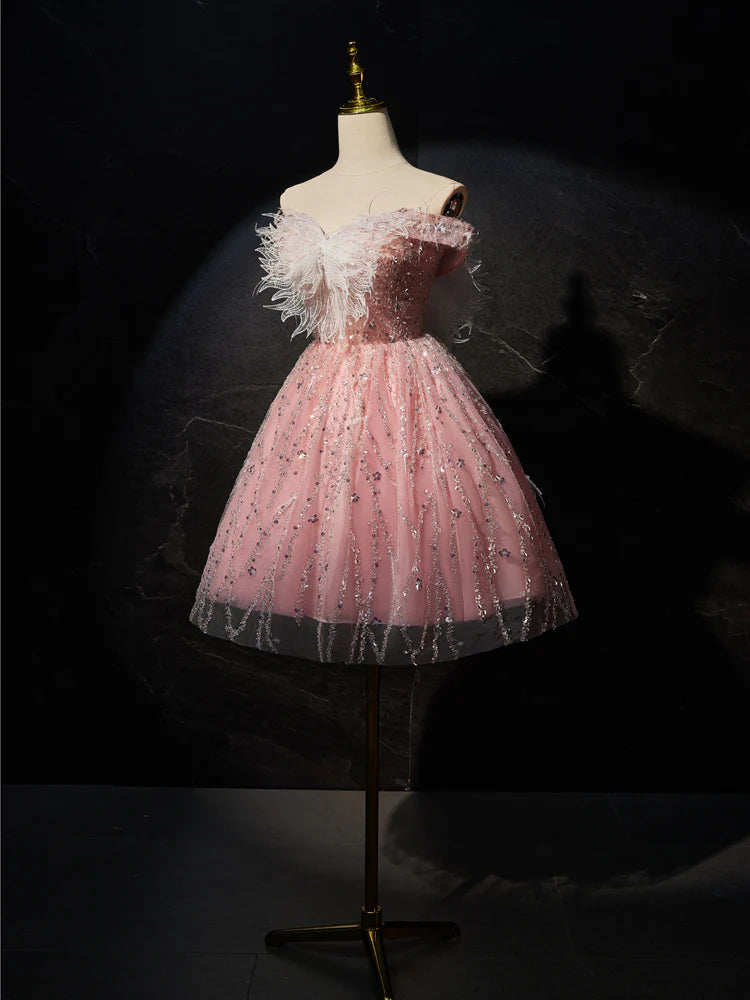 Rosa A-Linie Tüll Spitze kurzes Ballkleid, Rosa Cocktailkleid ED0614