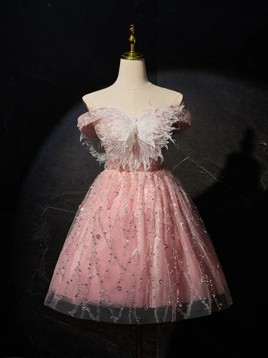 Pink A-Line Tulle Lace Short Prom Dress, Pink Cocktail Dress ED0614