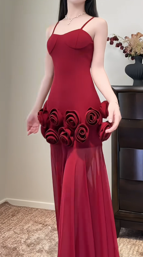 Sexy Burgundy Long Prom Dresses Spaghetti Straps Sheath Evening Dresses Chiffon Sleeveless Birthday Dresses ED06140