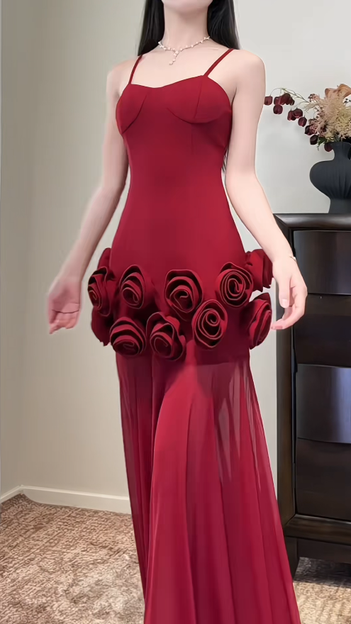 Sexy Burgundy Long Prom Dresses Spaghetti Straps Sheath Evening Dresses Chiffon Sleeveless Birthday Dresses ED06140