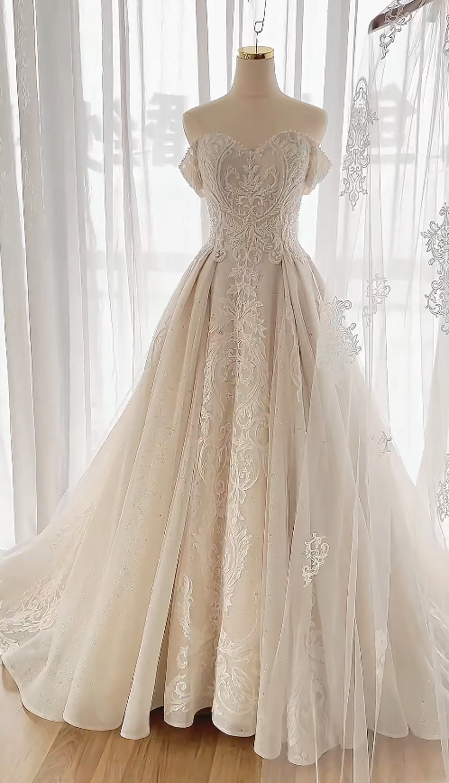Timeless A-Line Long Wedding Dresses Tulle Beaded White Bridal Gowns Off-shoulder Bridal Dresses ED06144