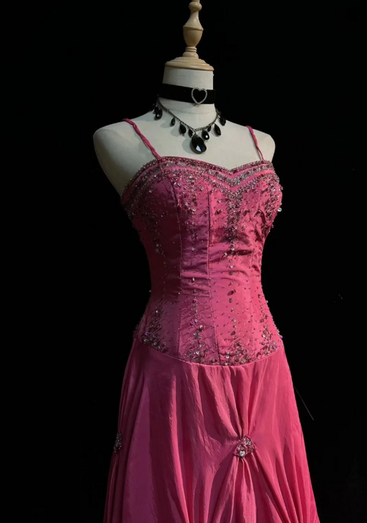 Chic Pink Long Prom Dresses Spaghetti Straps Sheath Evening Dresses Satin Birthay Dresses ED06149