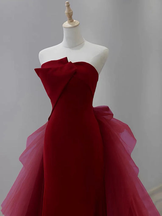 Mermaid Tulle Velvet Burgundy Long Prom Dress, Burgundy Long Evening Dress ED0615
