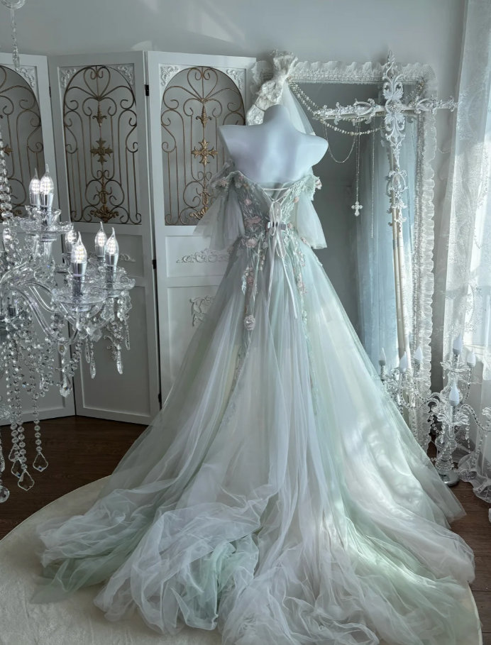 Chic Soft Green Long Prom Dresses Appliques Tulle Off-shoulder A-Line Evening Dresses ED06150