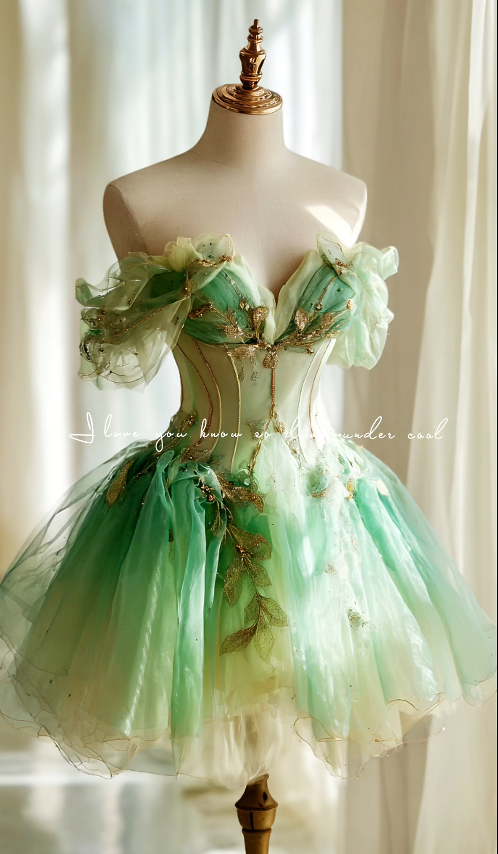 Chic Green Short Prom Dresses Appliques Tulle Off-shoulder A-Line Evening Dresses ED06154