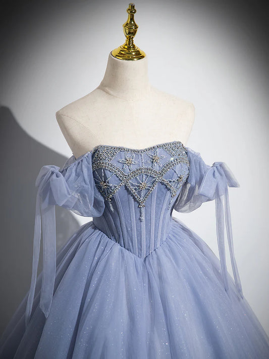 Blue A-Line Tulle Beads Long Prom Dress, Blue Long Formal Dress ED0616