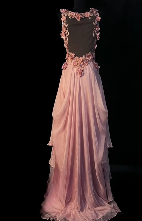 Chic Peach Long Prom Dresses Chiffon V-neck Sheath Evening Dresses Sleeveless Birthday Dresses ED06160