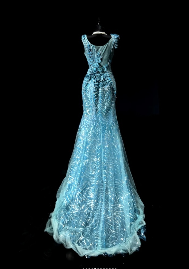 Chic Blue Long Prom Dresses Applique Tulle V-neck Mermaid Evening Dresses Sequins Sleeveless Birthday Dresses ED06161