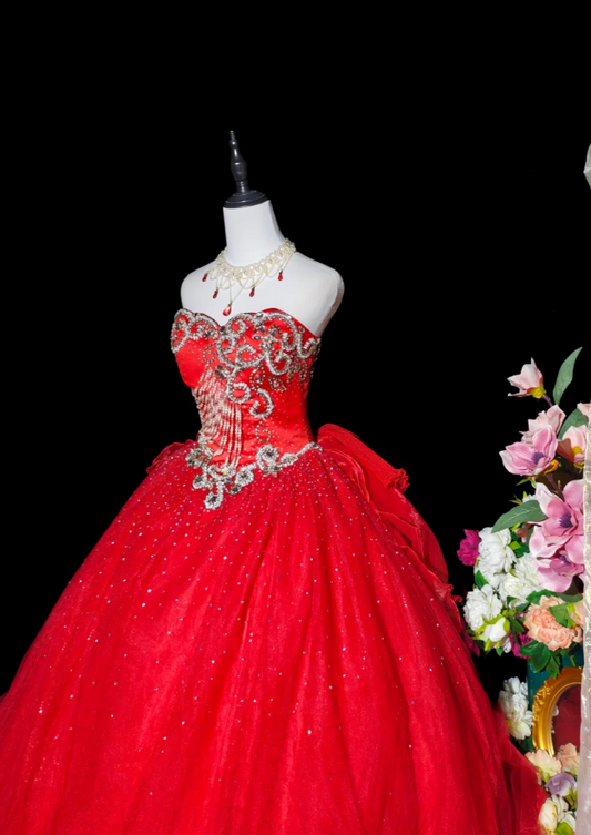 Chic Red Long Prom Dresses Applique Tulle Strapless A-Line Quinceanera Dresses Sleeveless Sweet 16 Dresses ED06162