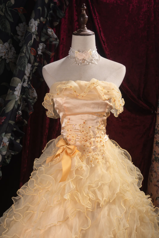 Chic Yellow Long Prom Dresses Tulle Strapless A-Line Quinceanera Dresses Sleeveless Sweet 16 Dresses ED06163