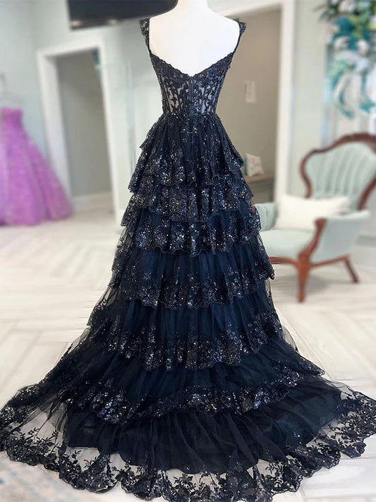 A-Line Sweetheart Neck Tulle Sequin Black Long Prom Dress, Black Formal Dress ED0617