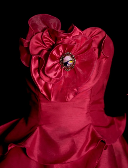 Cute Red Long Prom Dresses Satin Strapless A-line Evening Dresses Sleeveless Birthday Dresses ED06171