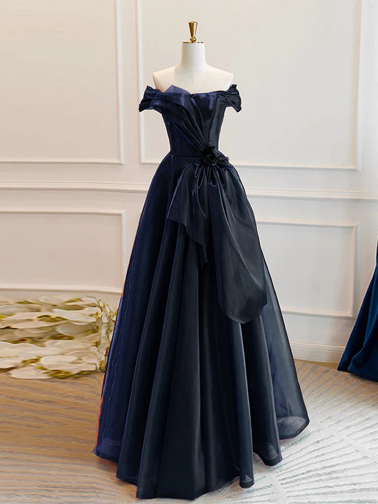 A-Line Off Shoulder Organza Dark Blue Long Prom Dress, Dark Blue Long Formal Dress ED0618