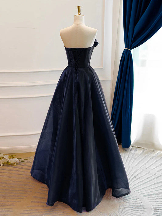 A-Line Off Shoulder Organza Dark Blue Long Prom Dress, Dark Blue Long Formal Dress ED0618