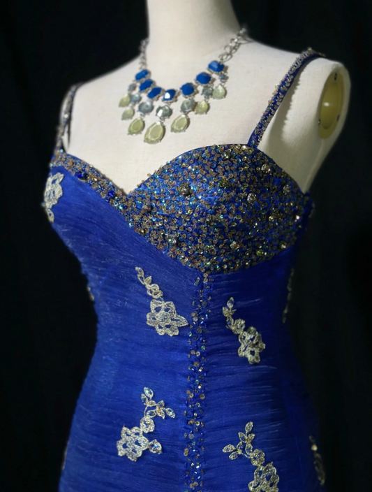 Chic Blue Long Prom Dresses Beaded Tulle Sheath Evening Dresses Sleeveless Birthday Dress ED06181