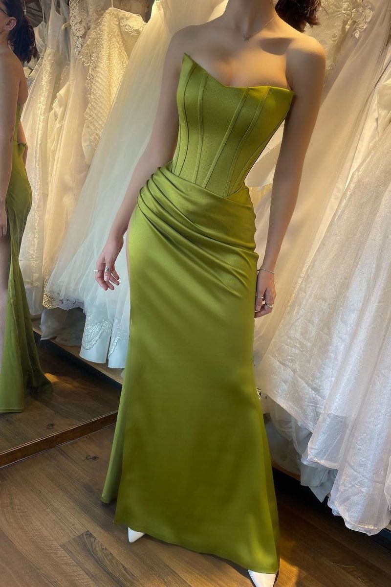 Chic Green Long Prom Dresses Satin Strapless Sheath Evening Dresses ED06184