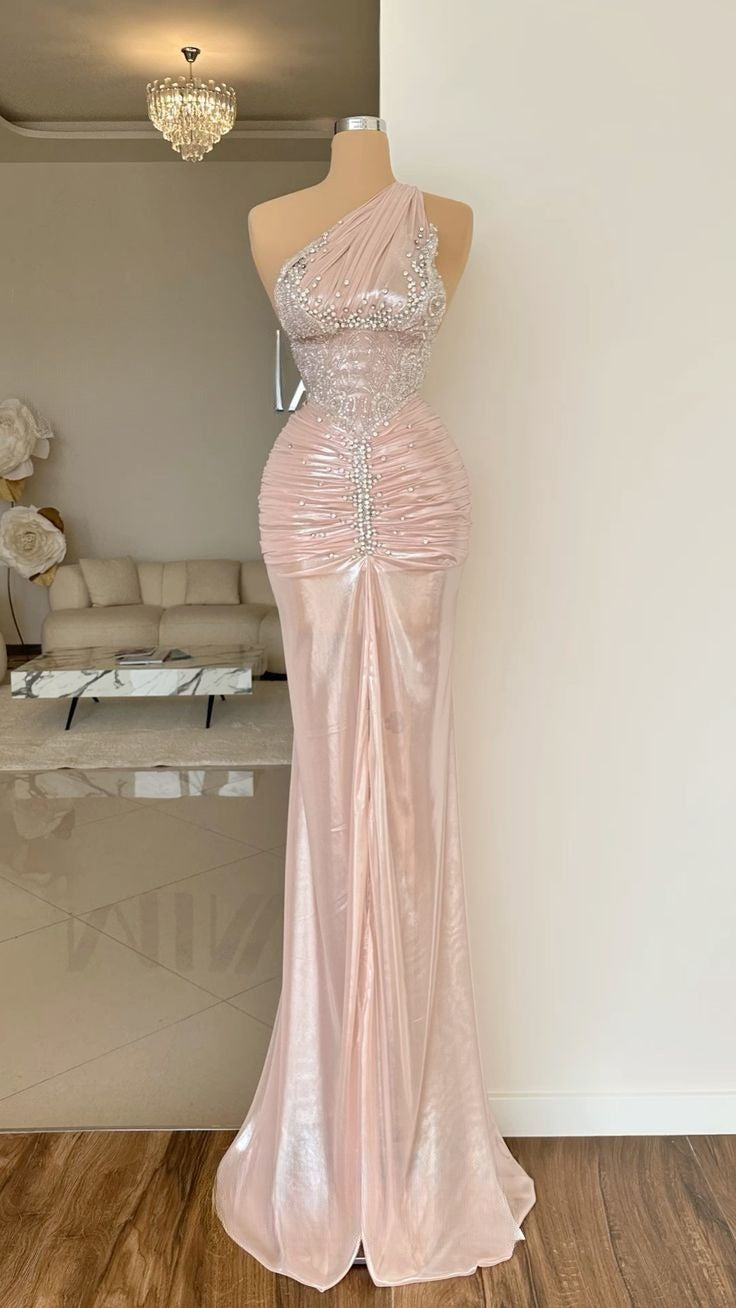 Chic Pink Long Prom Dresses Tulle One-shoulder Sheath Evening Dresses ED06185