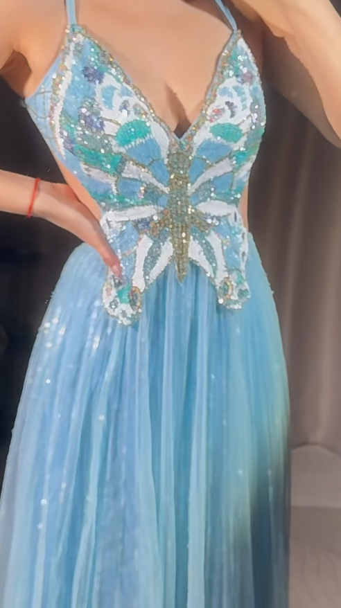 Chic Sky Blue Long Prom Dresses with Open Back Beaded Chiffon Spaghetti Straps Sheath Evening Dresses ED06189