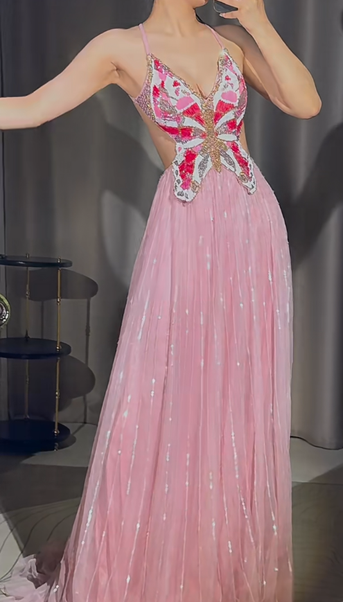 Chic Sky Blue Long Prom Dresses with Open Back Beaded Chiffon Spaghetti Straps Sheath Evening Dresses ED06189