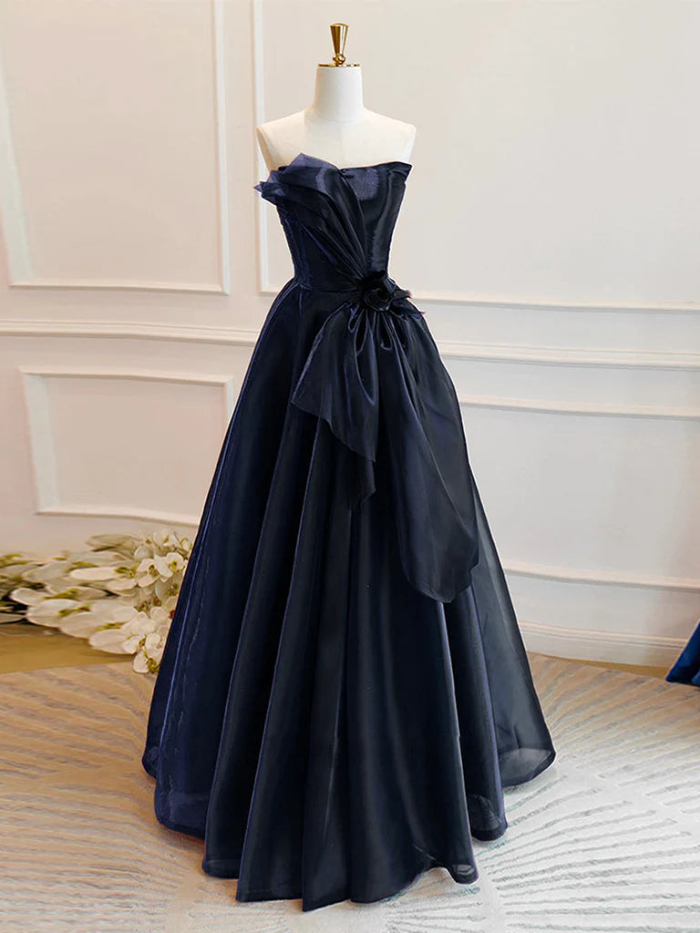 A-Line Off Shoulder Organza Dark Blue Long Prom Dress, Dark Blue Long Formal Dress ED0618