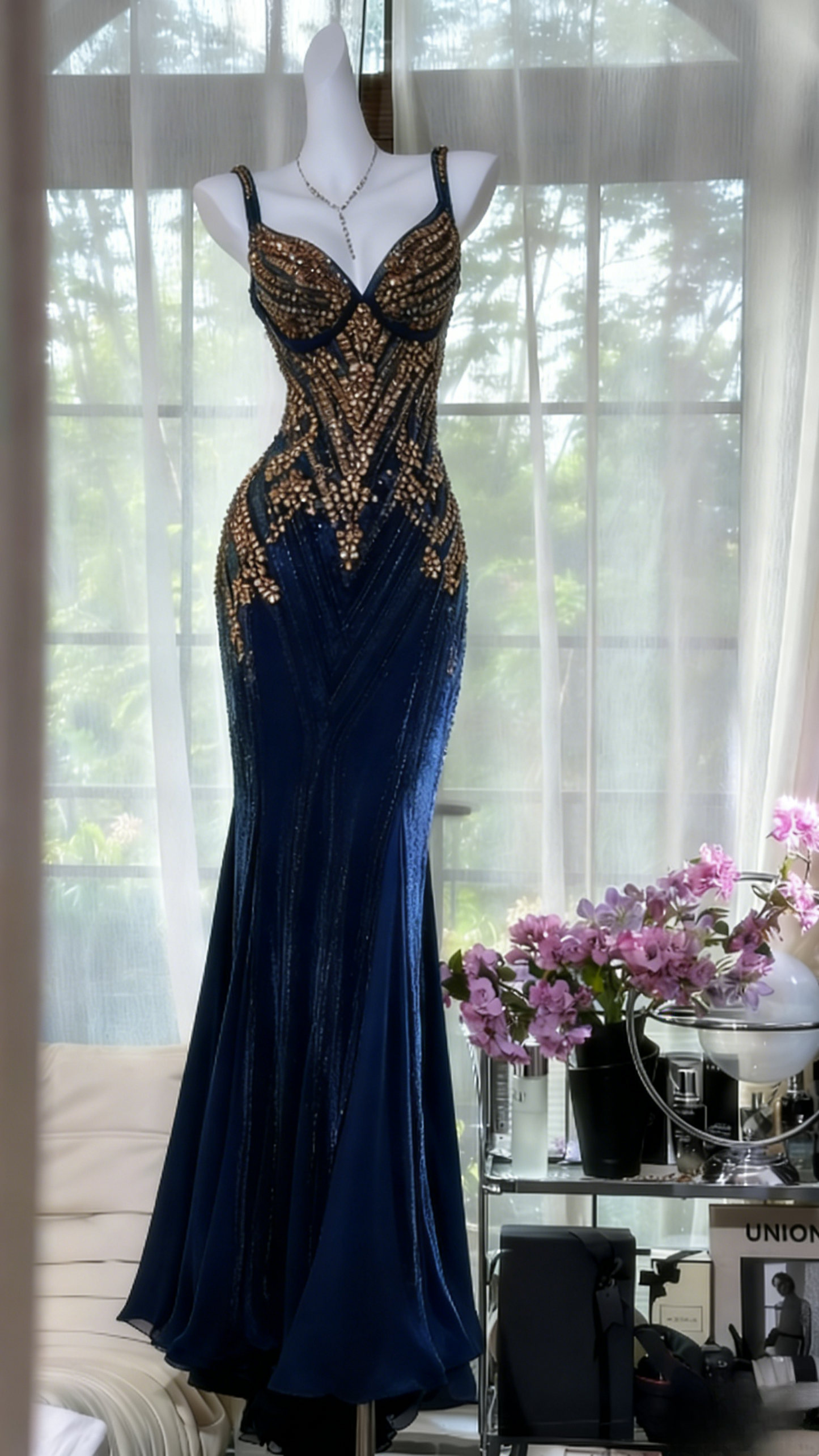 Chic Dark Green Long Prom Dresses Beaded Chiffon Straps Mermaid Evening Dresses ED06190