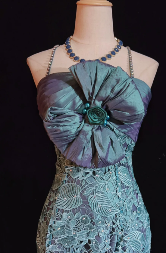 Fairy Blue Long Prom Dresses Lace Appliques Spaghetti Straps Sheath Evening Dresses ED06192