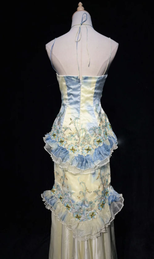 Fairy Light Yellow Long Prom Dresses Applique Tulle Halter Sheath Floral Evening Dresses ED06194