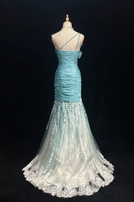 Chic Blue Long Prom Dresses Beaded Tulle One-shoulder Mermaid Evening Dresses ED06198