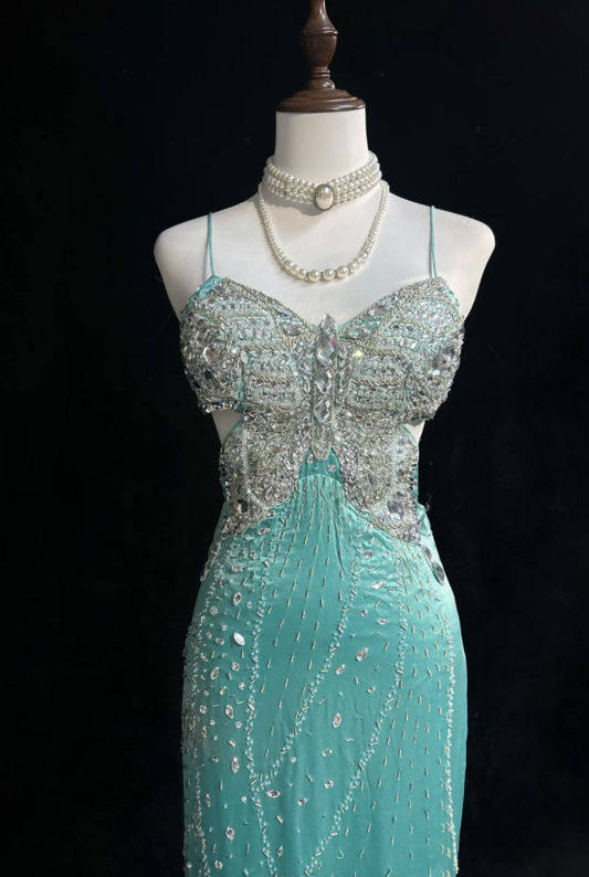 Chic Tiffany Blue Long Prom Dresses Beaded Satin Spaghetti Straps Sheath Evening Dresses ED06199