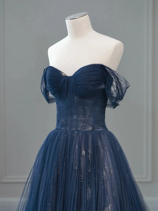 A-Line Off Shoulder Tulle Lace Dark Blue Long Prom Dress  ED062