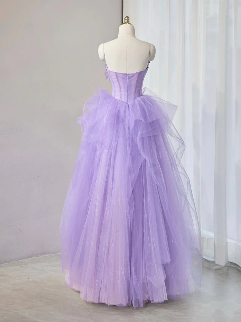 Robe de bal longue violette en tulle avec décolleté en cœur et appliques, robe longue violette pour fête de 16 ans ED0620
