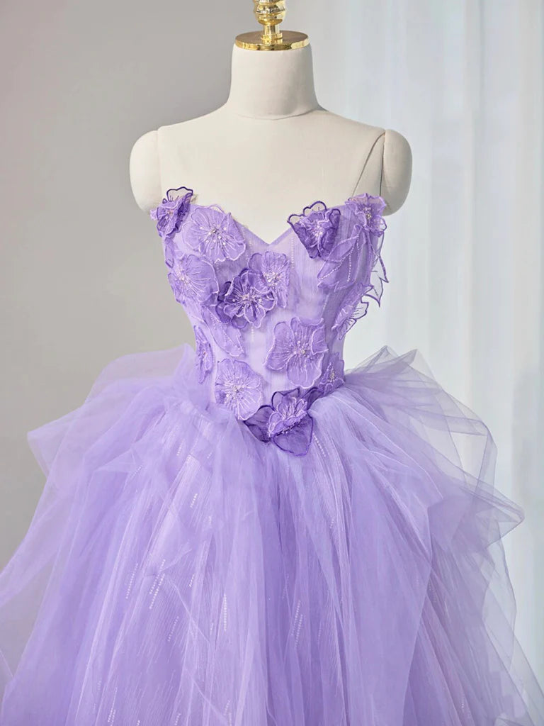 Robe de bal longue violette en tulle avec décolleté en cœur et appliques, robe longue violette pour fête de 16 ans ED0620
