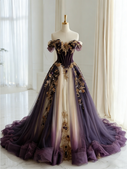 Gorgeous Purple Birthday Dresses Off-shoulder A-Line Long Prom Dresses Tulle Appliques Quinceanera Dresses ED06202