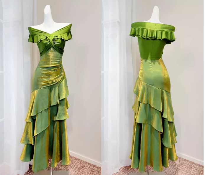 Cute Green Long Prom Dresses Satin Off-shoulder Sheath Evening Dresses Sleeveless Birthday Dresses ED06208
