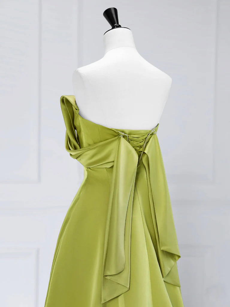 A-Line Off Shoulder Green Satin Long Prom Dress, Green Long Formal Evening Dress ED0621