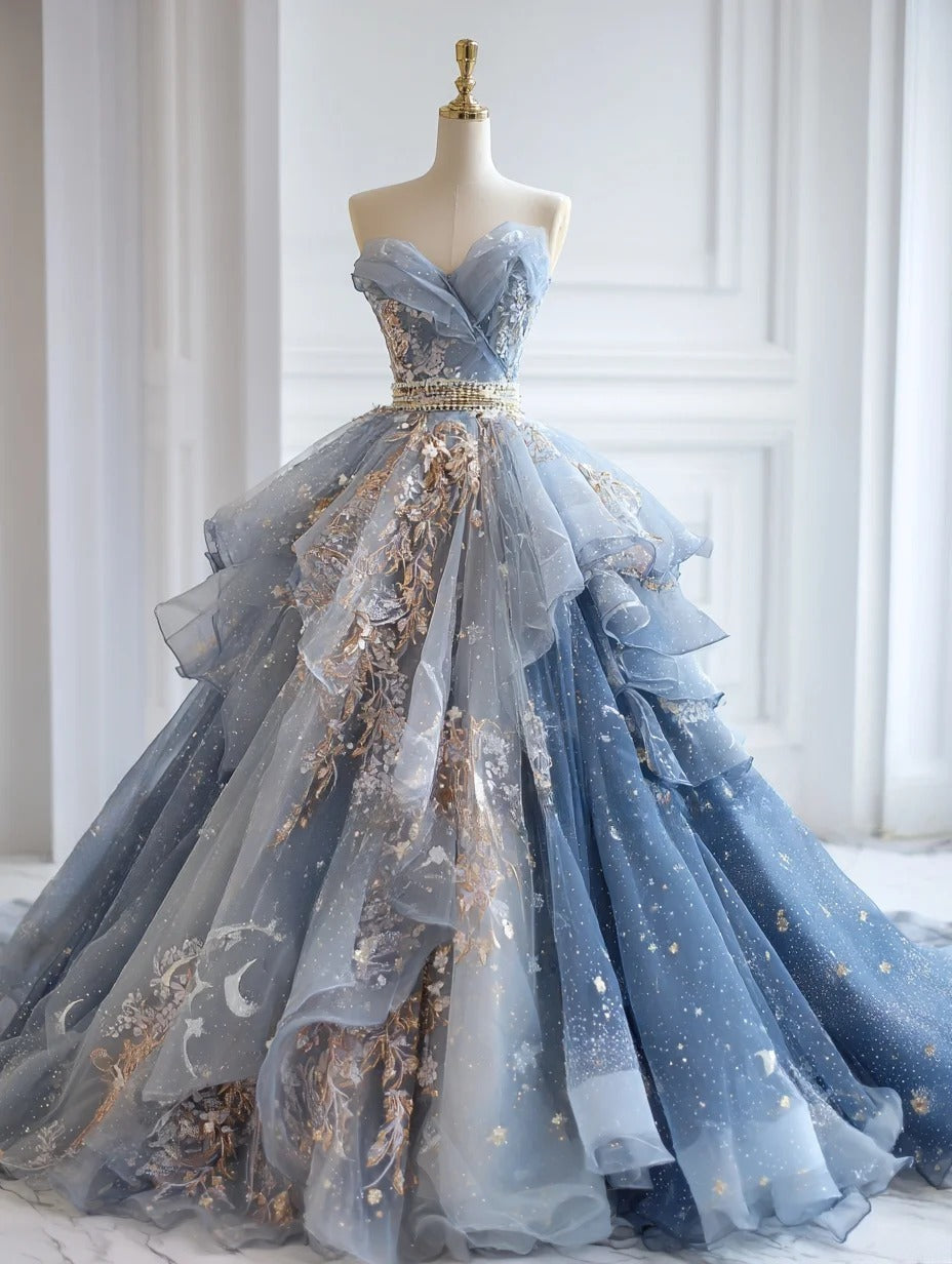 Chic Gray Blue Long Prom Dresses Tulle Applique Sweetheart A-Line Even –  EvaFashionDress