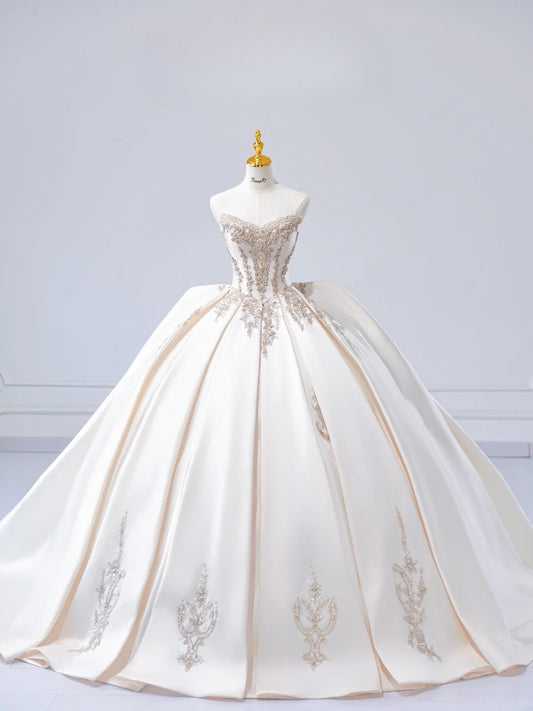 Chic A-Line Long Wedding Dresses Sweetheart Satin White Bridal Dresses Sleeveless Bridal Gowns ED06215